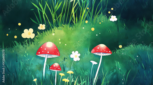  A field of daisies with a cluster of mushrooms in the foreground