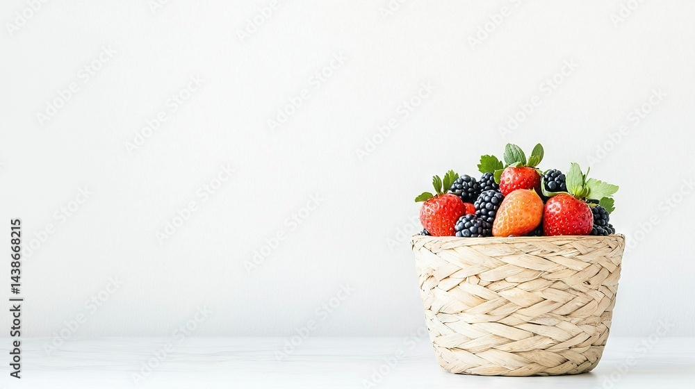 A basket filled with strawberries, blackberries, and more strawberries on a white table