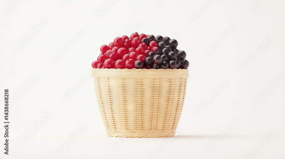A wicker basket brimming with red, black, and blue berries sits atop a white table, adjacent to a white wall
