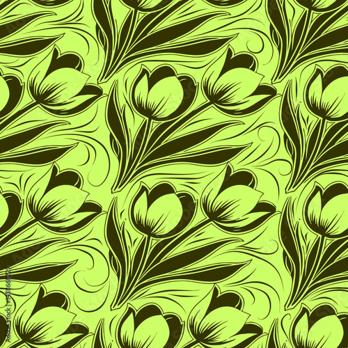 simple seamless olive green tulip flowers pattern, background, texture