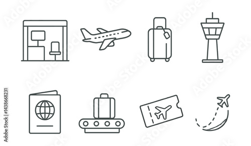Linear airport icons set – terminal, airplane, luggage, control tower, passport, conveyor