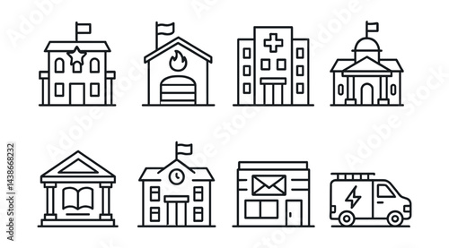 Linear public service icons set – police, fire station, hospital, government, library, school, post, ambulance