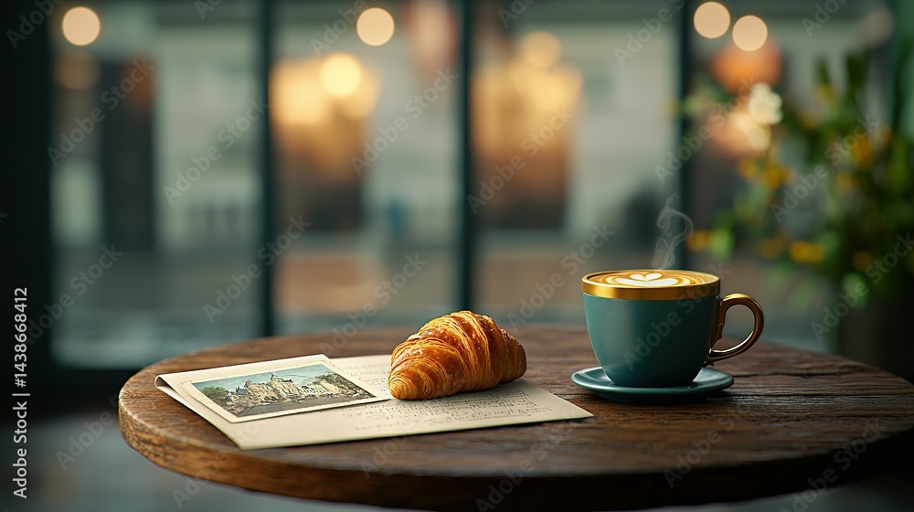 A cup of coffee and a croissant rest on a table near a window that overlooks the cityscape