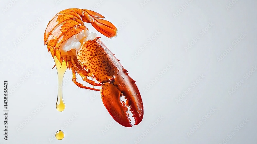 A close-up of a lobster flying in the air with a drop of oil on its back against a white background