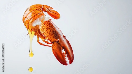   A close-up of a lobster flying in the air with a drop of oil on its back against a white background