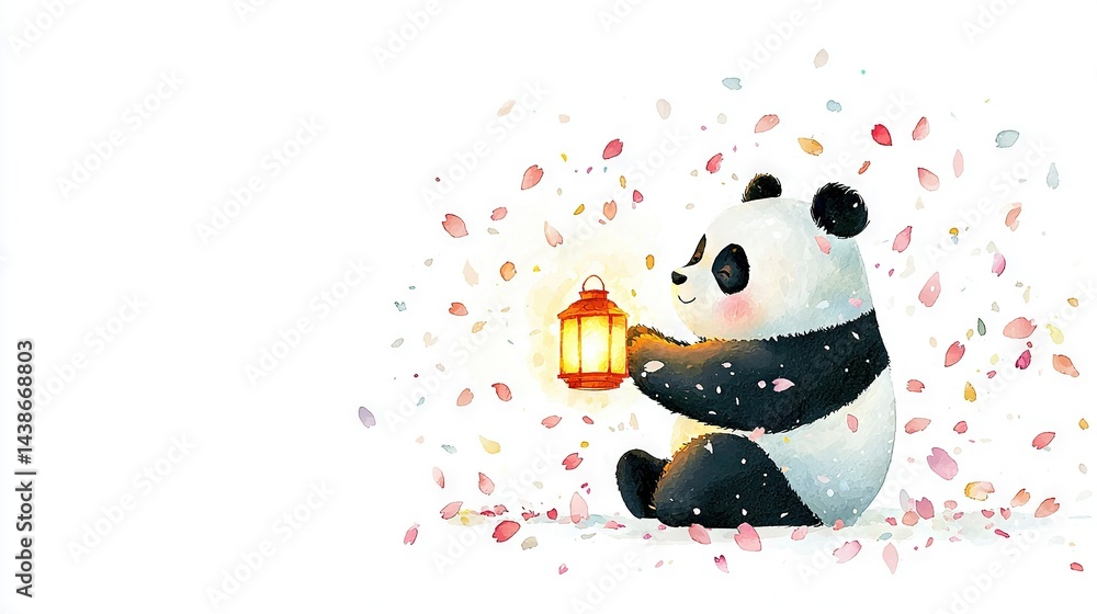 A panda bear holds a lantern as confetti falls gracefully around it, landing softly on the ground below