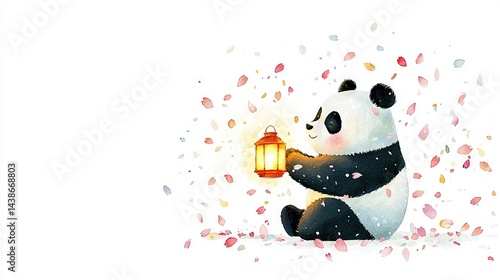 Obraz na płótnie A panda bear holds a lantern as confetti falls gracefully around it, landing softly on the ground below w salonie