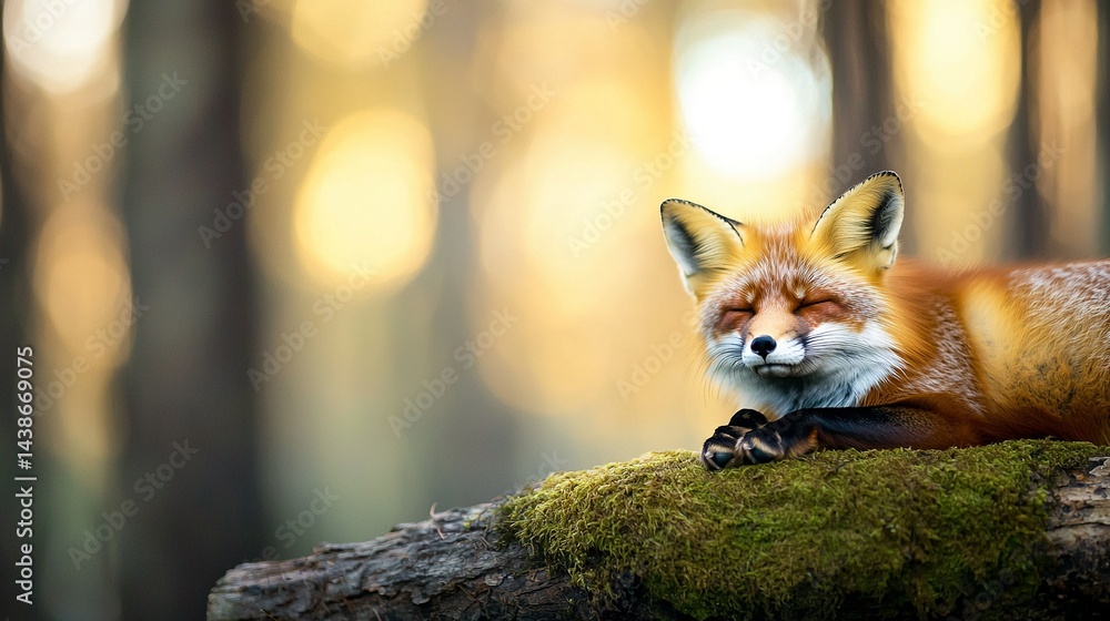 A red fox rests atop a mossy log in the heart of the forest with its eyes shut