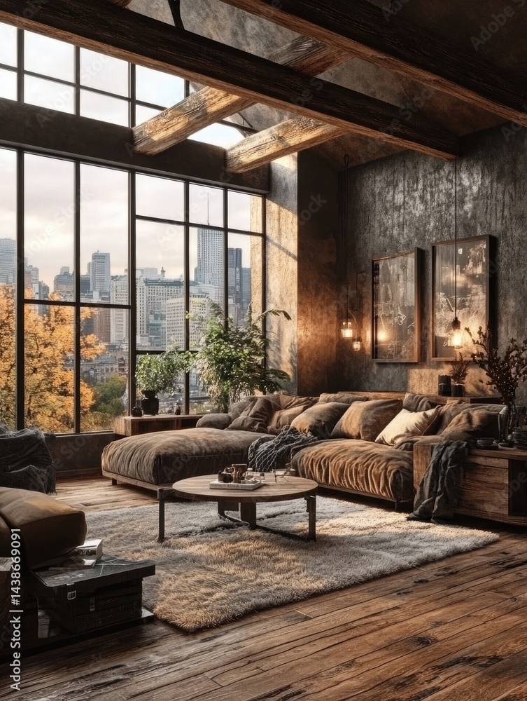 Spacious loft apartment with large windows overlooking a city skyline, featuring a brown sectional sofa, wooden floors, and exposed beams. Spacious loft apartment with large windows overlooking a city skyline, featuring a brown sectional sofa, wooden floors, and exposed beams.