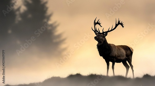  A deer with antlers stands in a foggy field in front of a silhouette pine tree on a foggy day