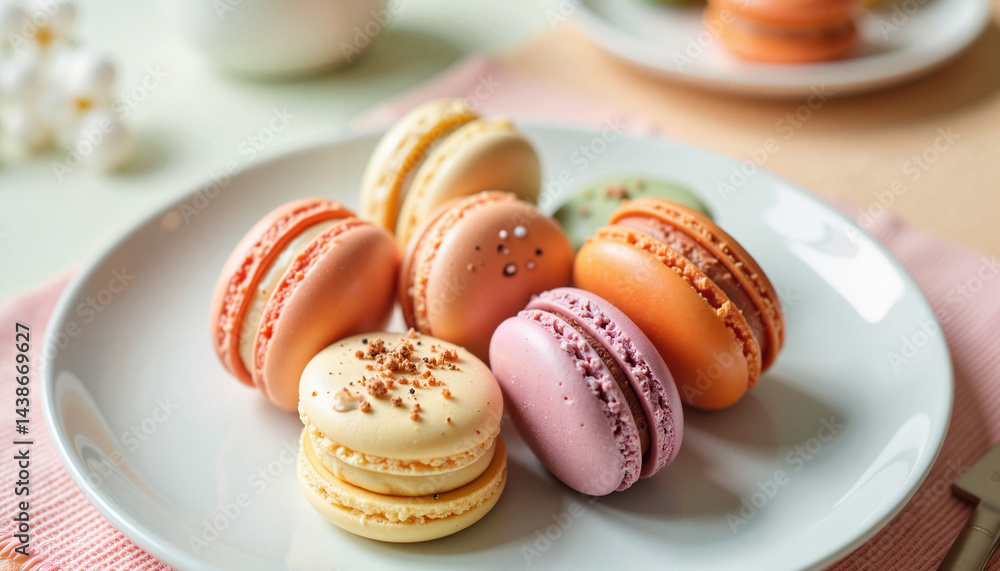 Obraz premium Colorful macarons arranged on a white plate with soft background 