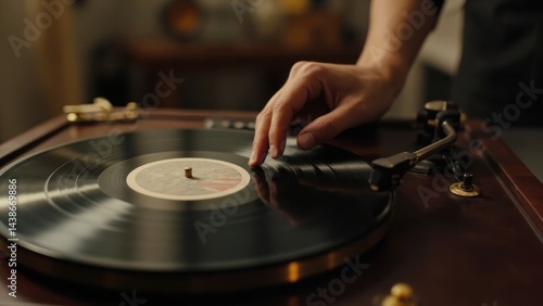 A close-up of a vintage wooden turntable with brass accents, playing a vinyl record. A hand carefully places the needle onto the spinning record, highlighting the warmth and nostalgia of analog music.