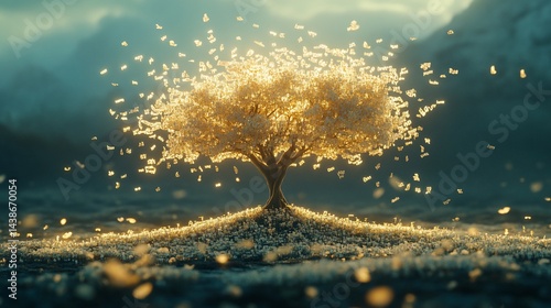 Luminous tree shedding letter leaves