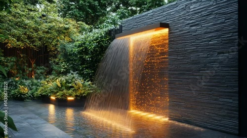 Water Flowing Down Stone Wall in Lush Garden