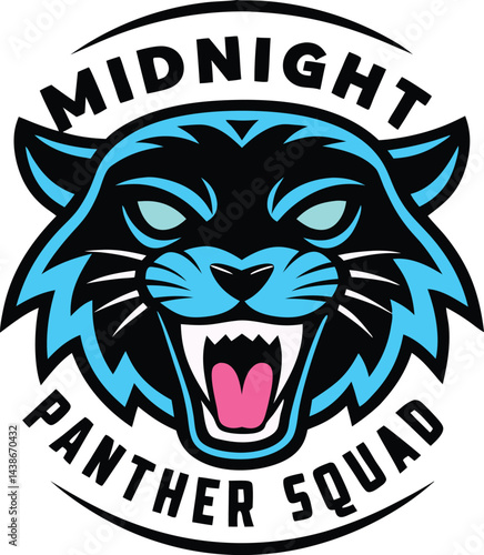 Wallpaper Mural Midnight Panther Squad Fierce Panther Head Mascot Logo with Bold Typography Vibrant Blue and Black Fur Glowing White Eyes and Dynamic Neon Design Torontodigital.ca
