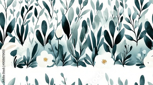  Watercolor depicts white blooms & green foliage on white backdrop, framed by a central white band