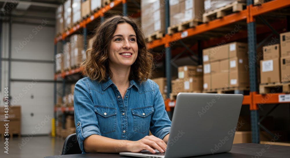 Woman working on laptop in warehouse with shelves full of boxes and a smiling expression on her face Woman working on laptop in warehouse with shelves full of boxes and a smiling expression on her face