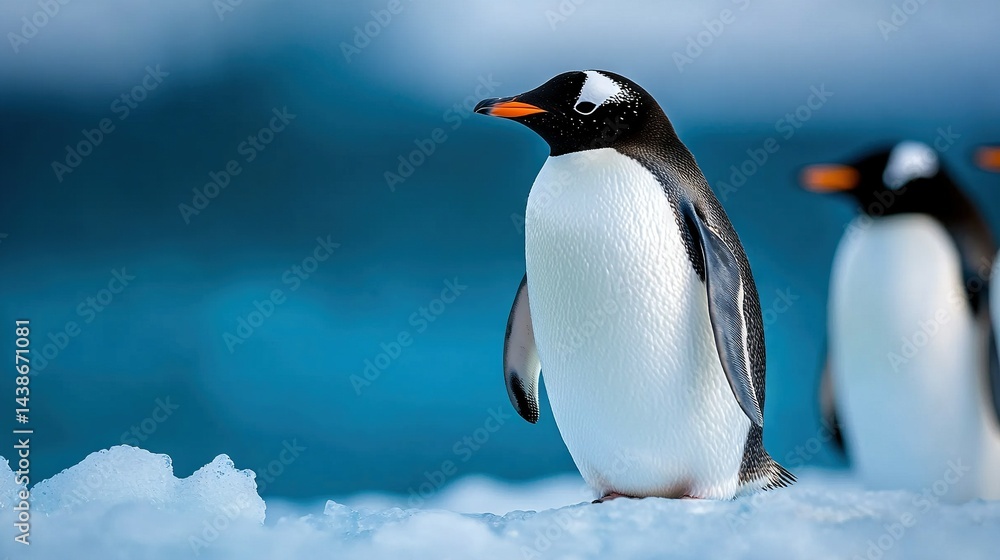 Fototapeta premium A pair of penguins standing together on top of a snowy ground with a blue sky in the backdrop