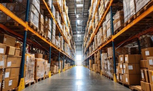 Wallpaper Mural Wide warehouse aisle filled with stacked boxes Torontodigital.ca