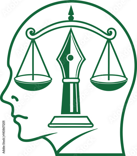Wallpaper Mural Minimalist green vector design of a human head profile with a fountain pen nib and scale of justice on white background Torontodigital.ca