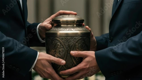 Two men sharing a decorative urn during a solemn ceremony  
