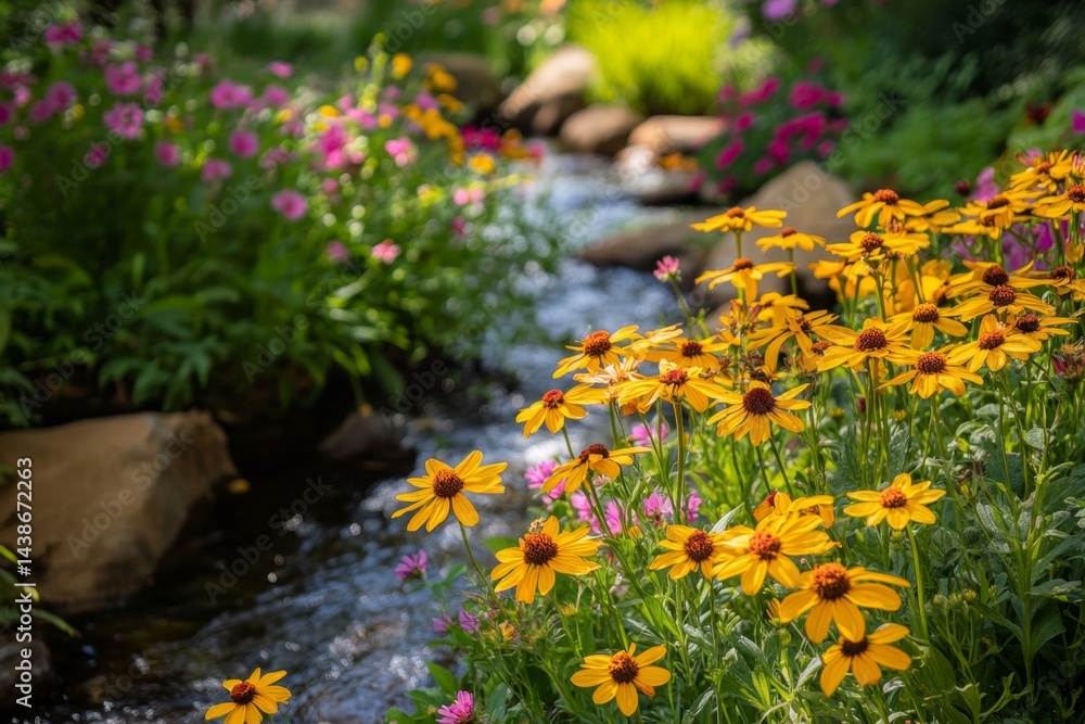 Obraz premium Rustic garden with flowing water and colorful flowers