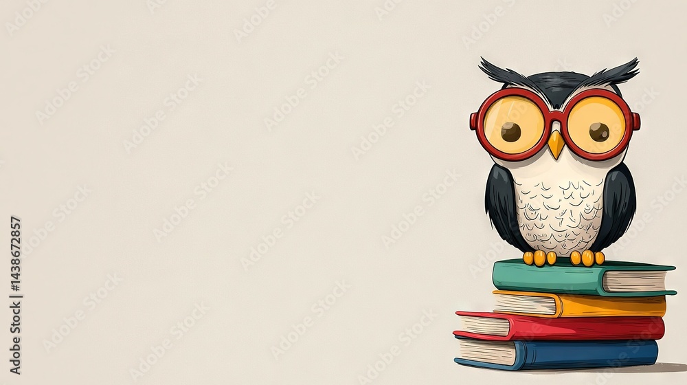 An owl perched atop a mound of books, donning spectacles upon its head An owl perched atop a mound of books, donning spectacles upon its head