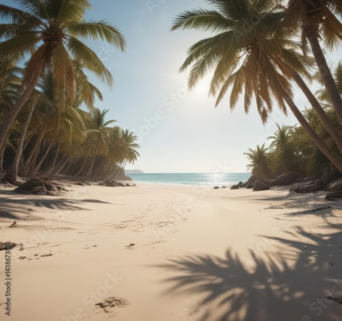 Distressed film effect highlights a tranquil  palm-lined sandy beach  soft ocean light    sand   landscape