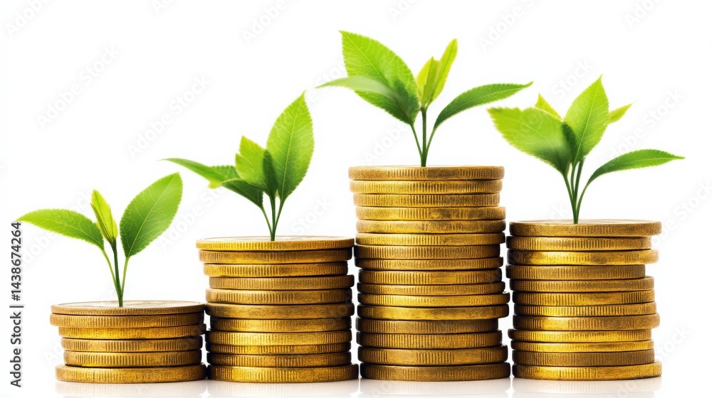 Growing investment concept with plants on stacked gold coins Growing investment concept with plants on stacked gold coins