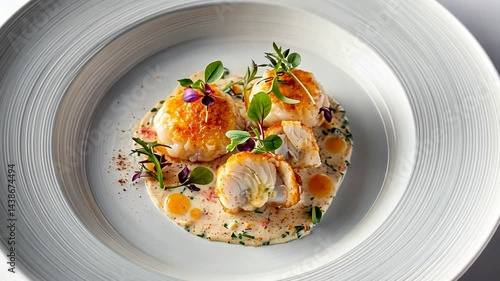 Gourmet Fish Dish: Pan-Seared Scallops with Creamy Sauce, Exquisite Food Photography