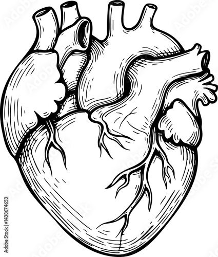 Detailed black and white anatomical illustration of a human heart with labeled structures. Isolated sketch cnc png Vintage-style drawing ideal for medical and educational purposes, engraving, tattoo