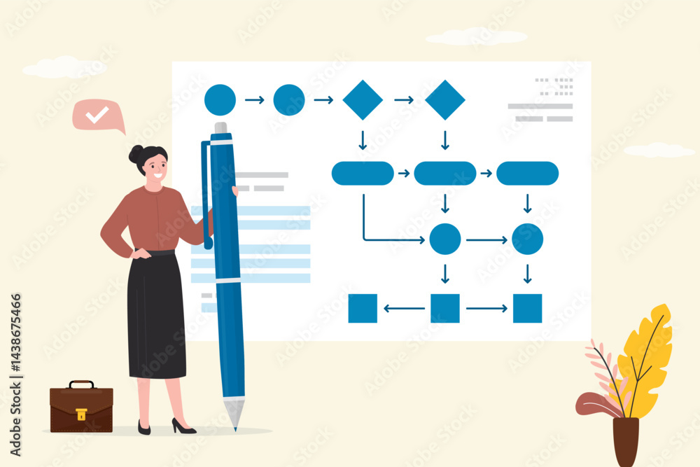 Business plan step by step. Algorithm, business strategy. Confident businesswoman used pen for write plan or scheme of work. Enterprise or startup development. Business plan step by step. Algorithm, business strategy. Confident businesswoman used pen for write plan or scheme of work. Enterprise or startup development.