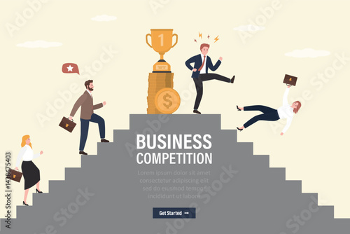 Business Competition, landing page template. Competitive advantages. Business characters climbing career ladder, but angry leader or boss kick colleagues down.