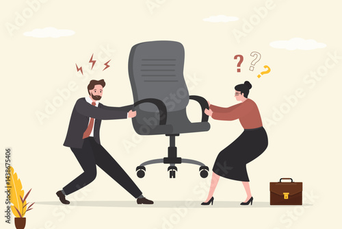 Business man and woman pulling office chair. Applicants share vacant seat. Conflict of colleagues due to promotion at work. Business competition,