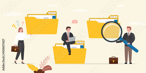 Business people working with paper documents, file folders. Document, content or research paper, documentation, file folder storage, report or paperwork, searching data,