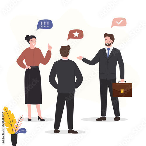 Business team discussion, Partners negotiations. People with different thoughts or positions. Busineepeople team standing together talking and discussing problems.