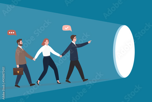 Business coach show right way to success. Achieve freedom, hopes and goals. Business team walking together towards glowing hole. Motivational banner,