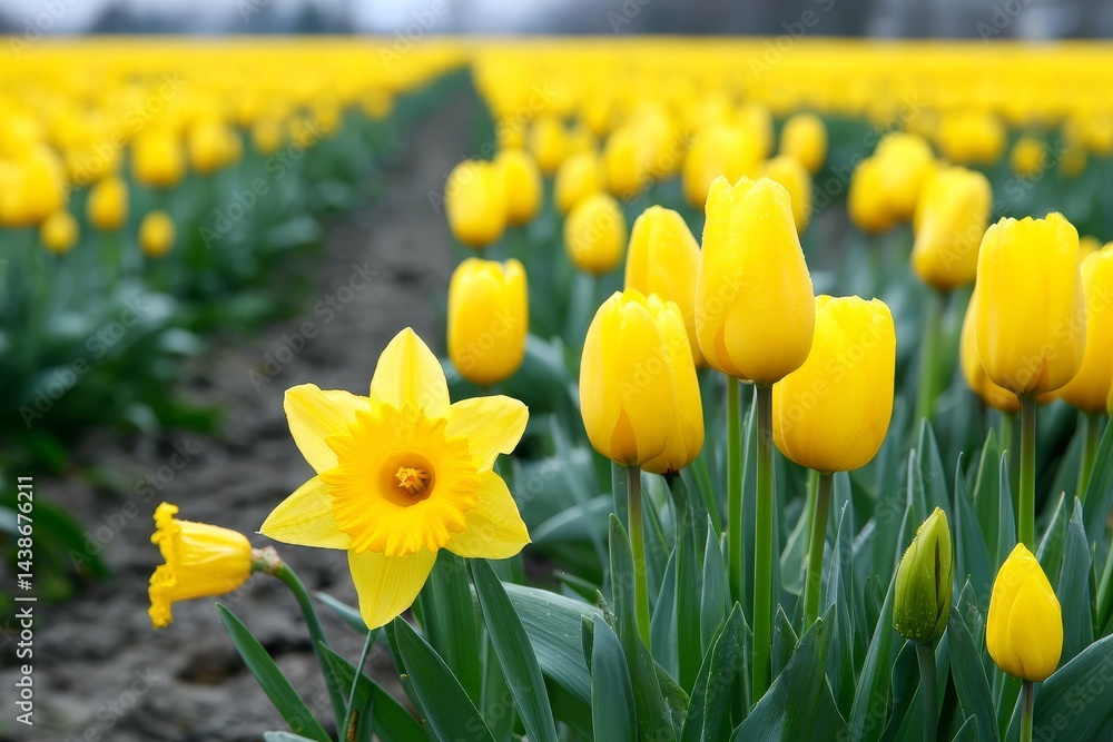 Obraz premium Yellow Tulips and Daffodil Field - A vibrant spring scene featuring a single daffodil amongst rows of blooming yellow tulips. Sunlight illuminates the bright yellow petals