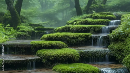 Cascading Water Flowing Over Moss Covered Steps in Lush Forest