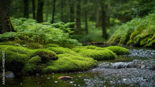 Flowing Stream with Green Moss in Forest Environment