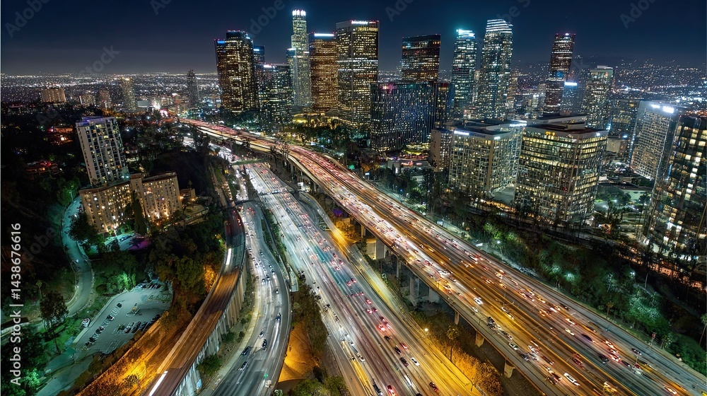 Busy city highway with traffic lights and tall skyscrapers at night showing modern urban life and bright skyline Busy city highway with traffic lights and tall skyscrapers at night showing modern urban life and bright skyline