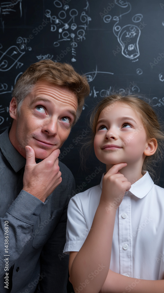Vater und Tochter mit nachdenklicher Pose vor Schultafel