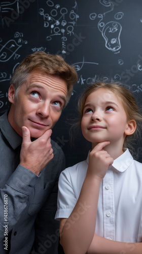 Obraz na płótnie Vater und Tochter mit nachdenklicher Pose vor Schultafel w salonie