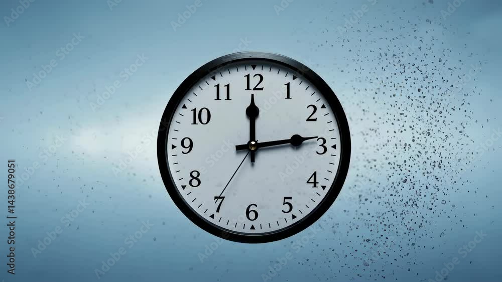 Time passage concept with clock hands moving backward. Disintegrating clock face showing time running out or end of time animation footage for existential themes.