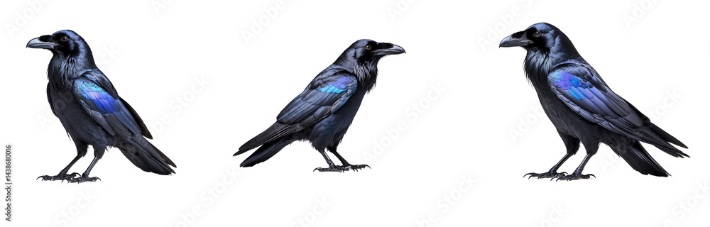 Fototapeta premium Three ravens with iridescent blue feathers standing on a black background