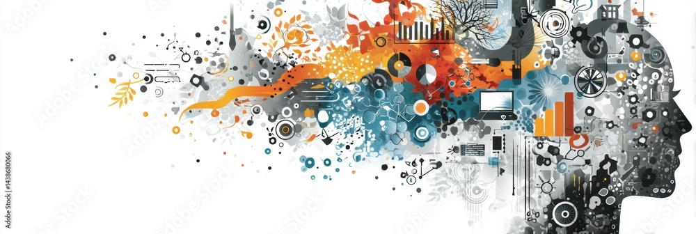 Abstract Representation of Human Head Filled With Strategy Icons and Concepts Showcasing Creative Thinking and Innovation