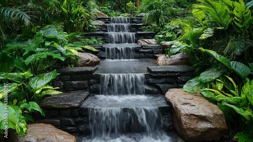 Cascading Water Flowing Over Stone Steps in Lush Garden Slow Motion