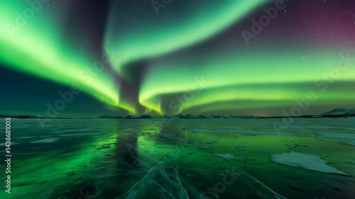 Northern Lights Dancing over Frozen Lake at Night  