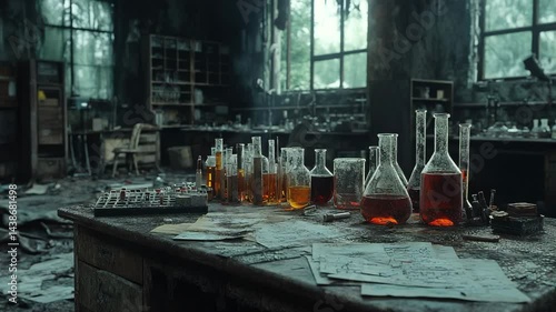 Research Lab with Glassware and Liquids on Worn Table in Darkroom