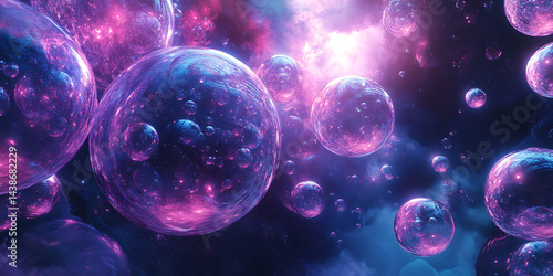 Fototapeta Naklejka Na Ścianę i Meble -  A cluster of purple spheres floating in a dark space